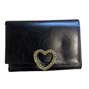 Lovcat Classic Black Heart Embossed Leather Card Coin Wallet Y2K Rhinestone NWOT